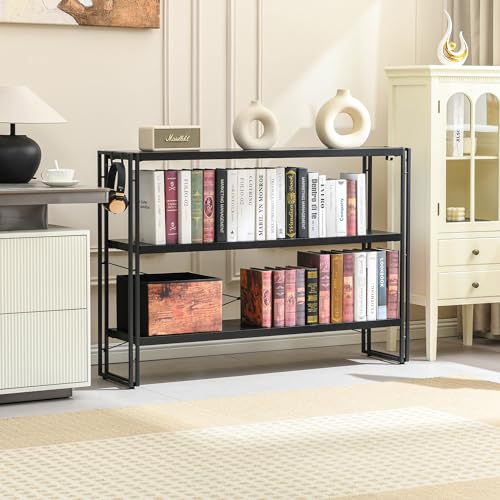 HCHQHS Bookshelf, 3-Tier Industrial Bookcase, Black Open Book Shelf, Freestanding Horizontal Bookshelves with Metal Frame - color: Black, size: 3-Tier (47"W x 33.5"H)