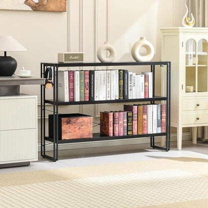 HCHQHS Bookshelf, 3-Tier Industrial Bookcase, Black Open Book Shelf, Freestanding Horizontal Bookshelves with Metal Frame - color: Black, size: 3-Tier (47"W x 33.5"H)