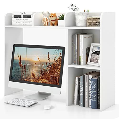 Tangkula Desktop Bookshelf, Countertop Storage Hutch with 5 Shelves for Computer Desk, Desk 3-Tier Display Rack, Multipurpose Wood Desktop Hutch Storage Organizer for Dorm Office Home - color: White, size: 5 Shelves