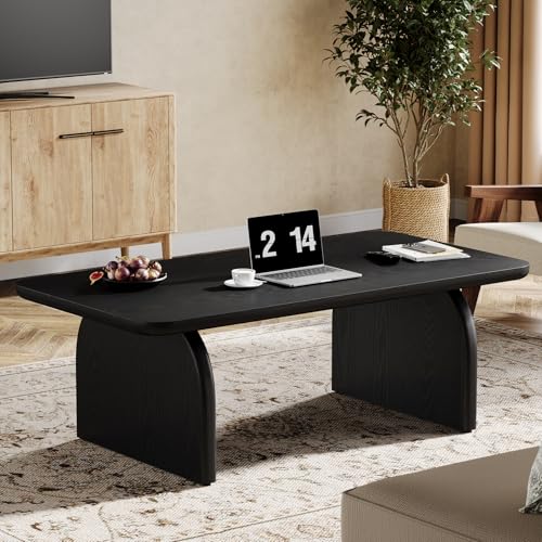 Tribesigns Rectangle Coffee Table, 47-Inch Wood Rectangular Living Room Table, Farmhouse Accent Center Low Cocktail Tea Table with Sturdy Base & Rounded Corners, Easy Assembly (Black) - color: Black