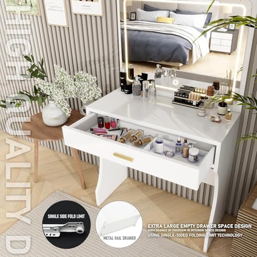 Vanity Desk, Makeup Vanity with LED Light Mirror, Small White Vanity with a Super Large Drawer and Power Outlet, 3 Color Lighting Modes Makeup Table for Bedroom, Dressing Room (White1) - color: White1