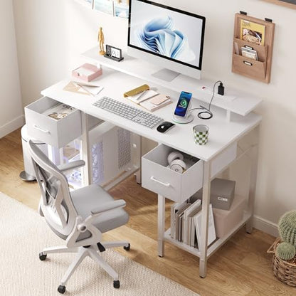 Furnify 42 Inch Computer Desk with Fabric Drawers & USB Power Outlet, White | Built-In USB Charging Station, Study Writing Table with Monitor Stand, Multifunctional Workstation for Bedroom Studyroom - color: White