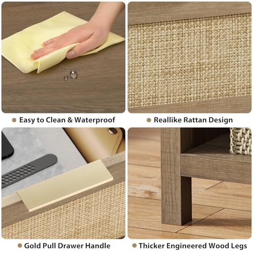 Eclatara Rattan Nightstand Set 2: Boho End Table with Drawer and Storage Shelf, Farmhouse Cane Accent Bedside Night Stands for Bedroom Small Space Sofa (2, Caramel Oak) - color: Caramel Oak (Medium 1 Drawer)
