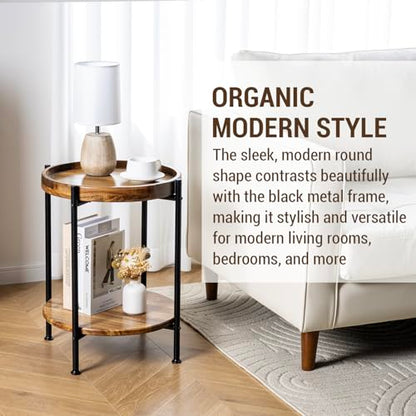 MyGift 2 Tier Round End Table with Premium Acacia Solid Wood Shelf and Black Metal Frame, 22 Inch Tall Side Table Modern Home Living Room or Bedroom Furniture