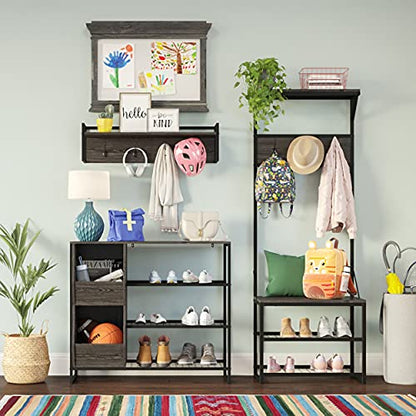 RiverRidge Afton Hall Tree, Black Metal Frame and Weathered Woodgrain | Entryway Organizer with Shoe Rack, Bench Seat, Coat Hooks, Top Display Storage Shelf