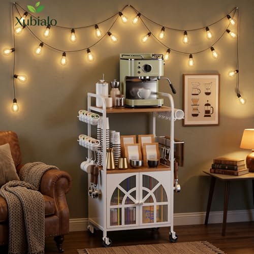 Xubialo 3 Tier Small Rolling Coffee Bar Cart, 16.9 x12 Kitchen Stand Station with Storage, Coffee Station Table on Wheels, 4 K Cup Pod Holder, 8 Hooks for Home, Office
