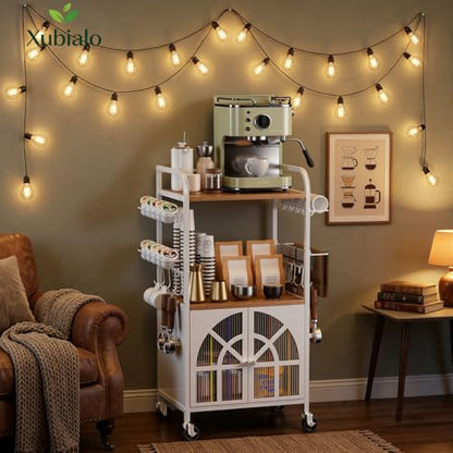 Xubialo 3 Tier Small Rolling Coffee Bar Cart, 16.9 x12 Kitchen Stand Station with Storage, Coffee Station Table on Wheels, 4 K Cup Pod Holder, 8 Hooks for Home, Office