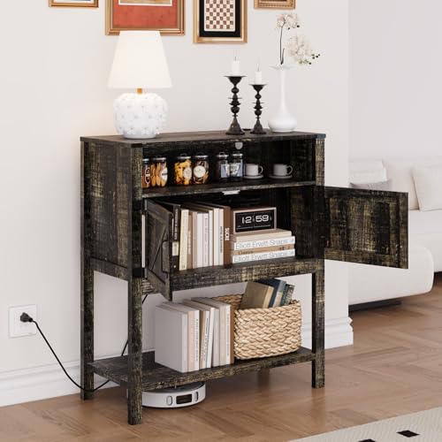 M METERXITY 31.5" W Coffee Bar Cabinet with Outlets, 2-Door Farmhouse Console Table Sofa Storage Cabinet Narrow Buffet Sideboard for Kitchen, Pantry, Entryway, Hallway (Dark Walnut Brown)