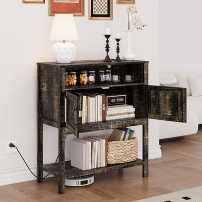 M METERXITY 31.5" W Coffee Bar Cabinet with Outlets, 2-Door Farmhouse Console Table Sofa Storage Cabinet Narrow Buffet Sideboard for Kitchen, Pantry, Entryway, Hallway (Dark Walnut Brown)