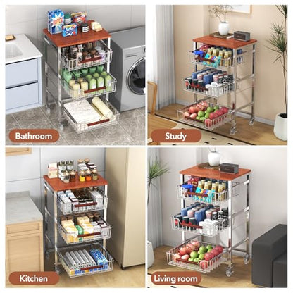 4-Tier Slim Rolling Fruit & Vegetable Storage Cart with Removable Baskets, Narrow Metal Kitchen Organizer Cart on Wheels, Fruit Basket Stand & Fruteros para Cocina, Pantry Cart for Storage - size: 4-Tier Slim
