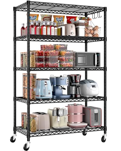 PrimeZone 36" W x 16" D x 79" H Wire Storage Shelves with Wheels, 5 Tier NSF Certified Heavy Duty Adjustable Kitchen Shelving Unit, Bakers Rack Organizer Rolling Metal Shelf for Garage Closet Pantry - size: 36"W x 16"D x 79"H