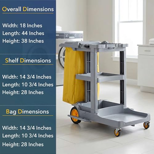 44” x 18” x 38” Grey 3-Shelf Janitorial Cart Kit - Commercial Housekeeping Cart with Yellow Bag, Black Zippered Bag, Lid, Folding Handle for Hotels, Offices, Schools - 175 lb Capacity - size: Small (Grey)