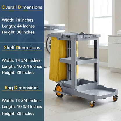 44” x 18” x 38” Grey 3-Shelf Janitorial Cart Kit - Commercial Housekeeping Cart with Yellow Bag, Black Zippered Bag, Lid, Folding Handle for Hotels, Offices, Schools - 175 lb Capacity - size: Small (Grey)