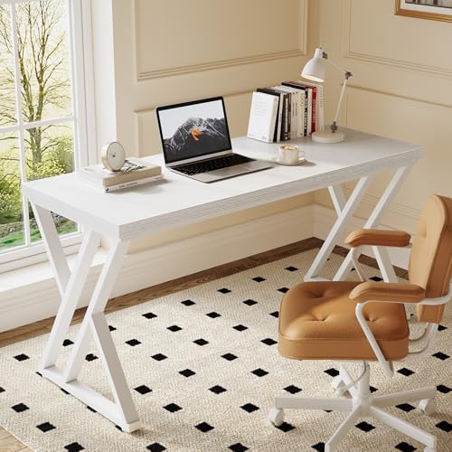 LITTLE TREE 55 Inch Large Simple Industrial Computer Desk Study Writing Table Home Office Workstation,White - color: White