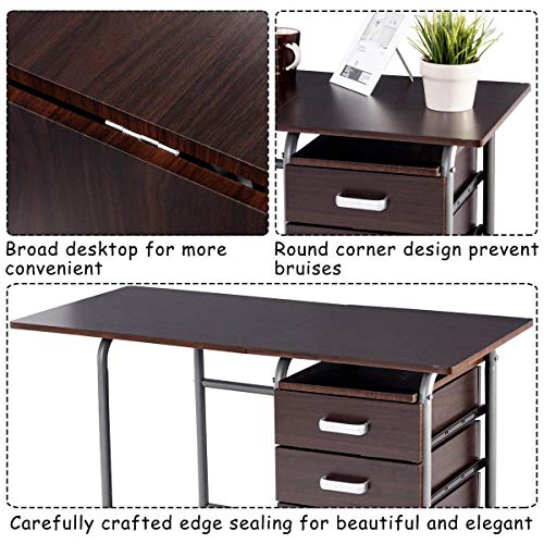 Tangkula Folding Computer Desk with 3 Drawers, Mobile Home Office Desk, Portable Laptop Desk Writing Table, Space Saving Compact Desk for Small Spaces, Dorm, Apartment - color: Brown