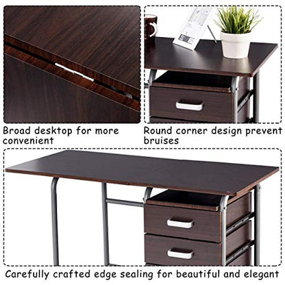 Tangkula Folding Computer Desk with 3 Drawers, Mobile Home Office Desk, Portable Laptop Desk Writing Table, Space Saving Compact Desk for Small Spaces, Dorm, Apartment - color: Brown