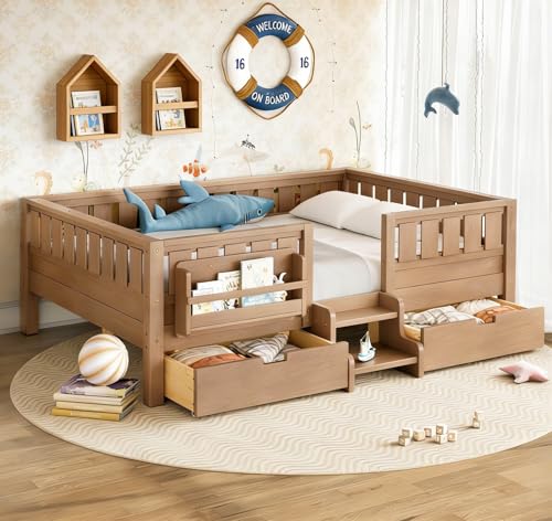 Bellemave Full Floor Bed with Bookcase and 2 Drawers,Wood Montessori Bed Frame with Staircase and Fence for Kids,Easy Assemble (Full,Natural,Drawers) - color: Natural, size: Full-Drawers