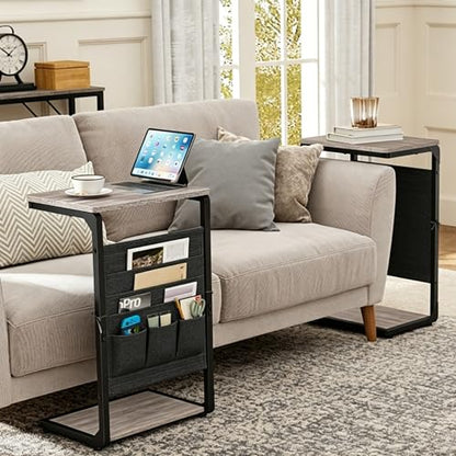 TV Tables for Eating Over Couch, Sofa Side Table Tray Dinner Recliner Chair | TV Trays on Couch Tables that Slide Under, Small Laptop C Shaped End Stand, Snack Food Breakfast Drink, Living Room ET-P-GYW1 - color: Greige
