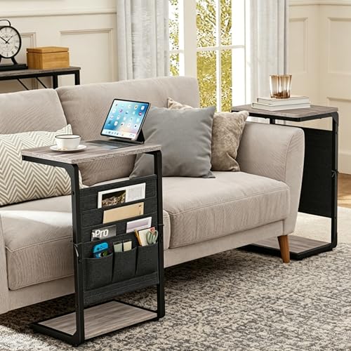 Couch End Tables Set of 2 Pack TV Trays Dinner Eating Tray Sofa Side Table Wood Pedestal TV Tables for Eating on Couch Side Trays that Slide Under Food Snack Small C Shaped Stand Living Room ET-P-GYW2 - color: Greige