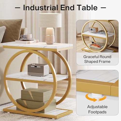 Tribesigns End Table with Storage Shelves, 3-Tier Wooden Industrial Sofa Side Table with Black Metal Frames for Living Room, Slim Nightstand and Bedside Table for Bedroom, White & Gold - color: White