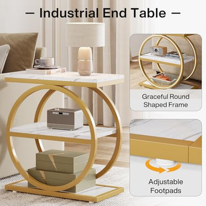 Tribesigns End Table with Storage Shelves, 3-Tier Wooden Industrial Sofa Side Table with Black Metal Frames for Living Room, Slim Nightstand and Bedside Table for Bedroom, White & Gold - color: White