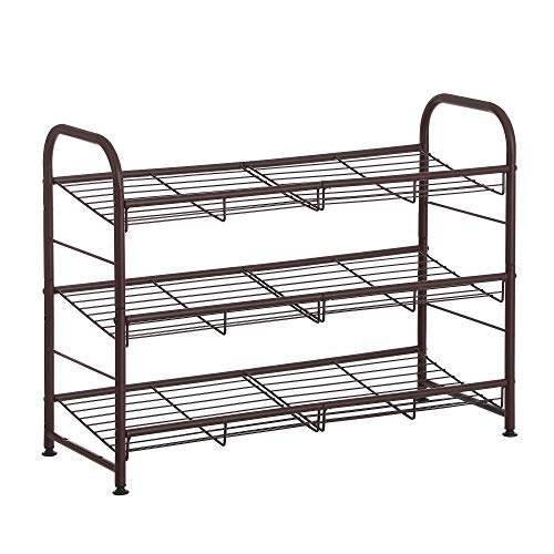 SONGMICS Shoe Rack, 3 Tier Shoe Organizer for Closet, Holds up to 12 Pairs of Shoes, Shoe Rack for Front Door Entrance, Metal Shoe Shelf with Adjustable Tilt Angle, for Entryway, Garage, Bronze - color: Bronze, size: 3 Tiers (27"W)