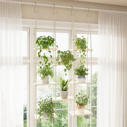 8 Tier Window Plant Shelves Hanging Indoor Plant Display | hanging window sill plant shelf, boho wall decor for bedroom living room; floating plant holder indoor garden display rack,