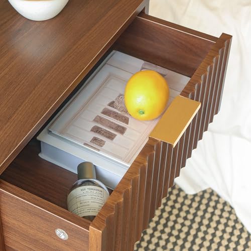 Fultyle Walnut Nightstand, Modern Night Stand with Fluted Drawer and Open Storage, Wooden Bedside Table with Solid Wood Legs for Bedroom, Living Room, Office (Walnut Brown) - color: Walnut Brown