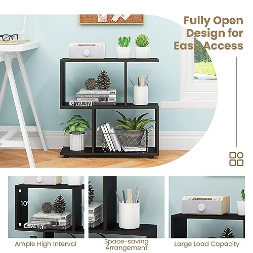 Tangkula 2 Tier Geometric Bookshelf, Freestanding Wood Display Shelf, Home Office Room Divider S Shaped Open Bookcase, Small Bookshelf for Small Spaces, Living Room, Study (Black, 2) - color: Black, size: 2