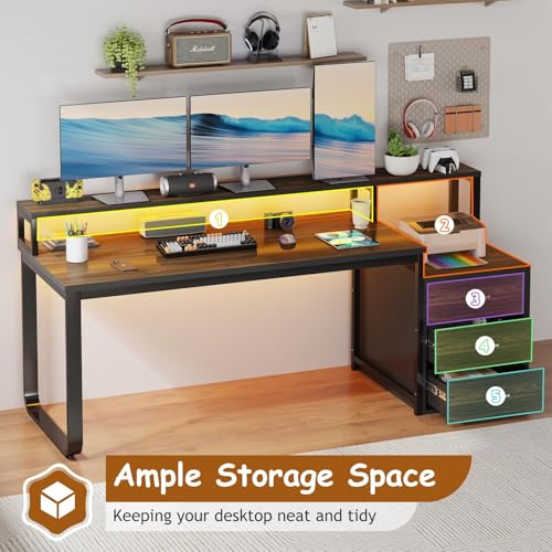 HOMBCK 67" Computer Desk with 3 Drawers, Home Office Desk with Long Monitor Stand and Printer Space, Office Desk with Storage & LED Lights, Writing Desk with Drawers, Black and Walnut - color: Black Walnut