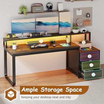 HOMBCK 67" Computer Desk with 3 Drawers, Home Office Desk with Long Monitor Stand and Printer Space, Office Desk with Storage & LED Lights, Writing Desk with Drawers, Black and Walnut - color: Black Walnut