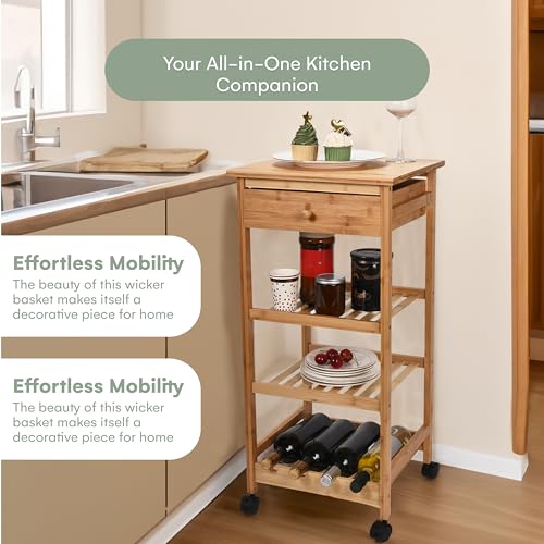 Kitchen Cart with Drawer and Basket - Brown Kitchen Cart Island for Small Spaces - Extra Counter Space or Spice Rack - Portable Dining Table with Wheels - Elegant Solid Wood Top, Spice Drawer
