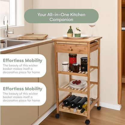 Kitchen Cart with Drawer and Basket - Brown Kitchen Cart Island for Small Spaces - Extra Counter Space or Spice Rack - Portable Dining Table with Wheels - Elegant Solid Wood Top, Spice Drawer