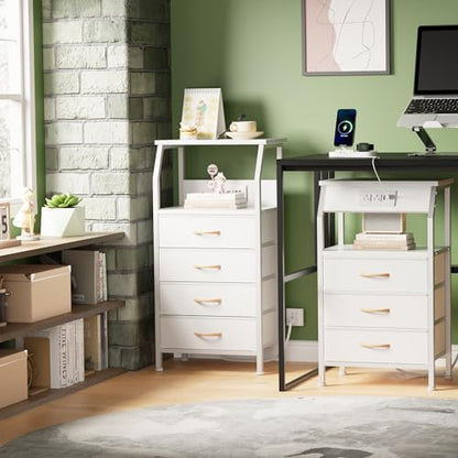 Furnulem Night Stand with Charging Station, Dresser with PVC & Fabric Drawers, 33.3 Inch Side Table with Open Shelf, Tall Bedside Table for Closet, Entryway, Bedroom Furniture, 3 Ways to Use, White - color: White, size: 4 Drawer