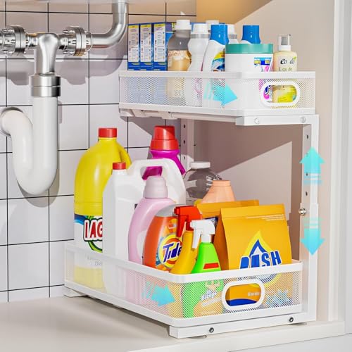 Under Sink Organizer 2 Pack, High Adjustable 2 Tier Under Sink Organizers and Storage, Slide out Metal Cabinet Organizers, Pull out Storage Drawer Shelf for Kitchen Bathroom Cabinet (White-1 pack) - color: White-1 pack