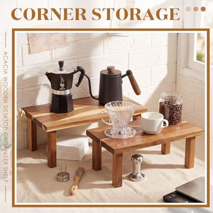 RattanView 2 Pcs Extra Large 16 Inches 15 Inches Acacia Wooden Riser Wooden Countertop Organizer Display Shelf for Top of Desk Home Office Bathroom Coffee Table Display Stand - size: 15×7.5×6 ,16×8×6.5 Inches