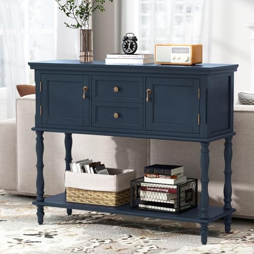 ARTPOWER Console Table with 2 Drawers, Retro Entryway Table with 2 Door Cabinets and Open Storage Shelf, Narrow Long Behind Couch Sofa Table for Living Room, Foyer, Hallway, Blue - color: Blue