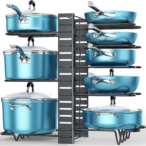 Pots and Pans Organizer Under Cabinet 16.6", 8-Tier Adjustable Rack | 3 DIY Modes, Tool-Free Assembly, Non-Slip, Fits Lightweight Cookware Up to 11", For Kitchen Cabinets, Shelves & Countertops - color: Black, size: 16.59"H