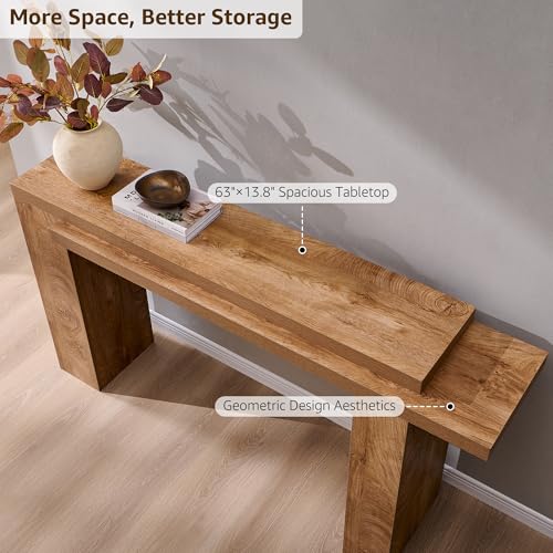 OKD 63" Modern Geometric Console Table with Layered Top, Light Tree Knot | Extended Layered Top, Sturdy Support Legs, Entryway, Hallway, Foyer, Living room, Behind Sofa - color: Light Tree Knot