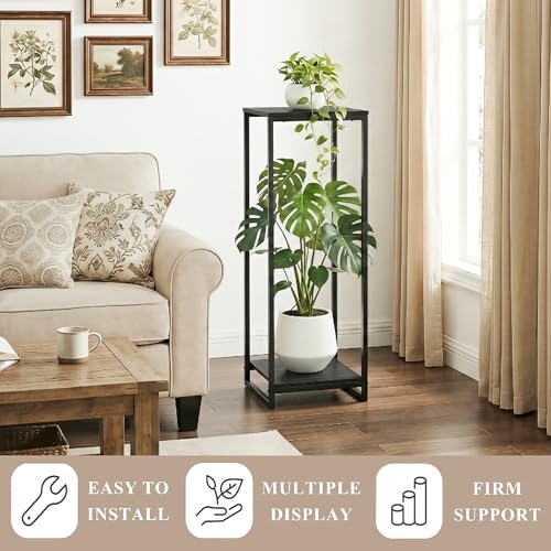 34" Tall 2-Tier Corner Plant Stand Indoor, Black | Functions as Flower Pots, Shelf, Decor Rack, Holder; Metal Frame with MDF Boards; for Living Room, Balcony; Modern Design