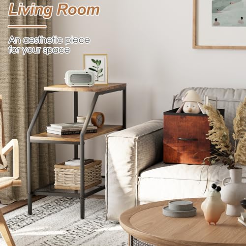 Wolawu End Table 3 Tiers 2pcs Wood Nightstand with Storage Ladder Shelf,Industrial Sofa Side Table for Small Space, Modern Trapezoid Plant Stand in Living Room Bedroom,Gold Metal Frame - color: Brown