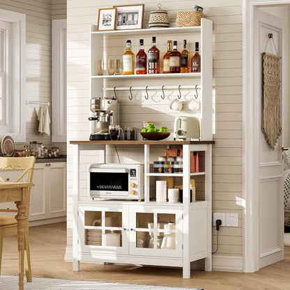 ChooChoo Farmhouse Bakers Rack with Power Outlets and Storage, Coffee Bar Cabinet with Storage, Microwave Stand Kitchen Cabinet with Hutch and 6 Hooks, Soft White & Brown - color: Soft White & Brown