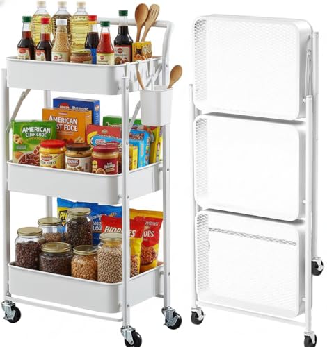 Foldable Rolling Cart 3-Tier Small Foldable Utility Storage Cart Multifunctional Metal Storage Bin Heavy Duty Organizer Carts with Rolling Wheels for Home Office (White) - color: White