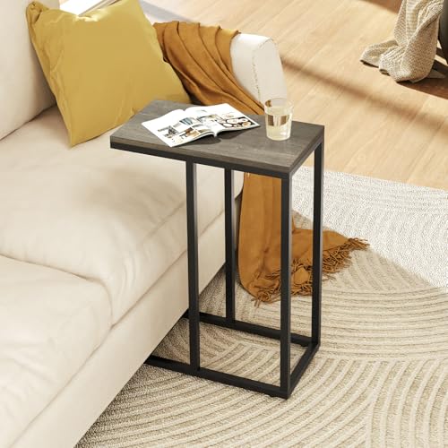 Giantex C Shaped End Table Set of 2, Small Side Tables for Sofa, Couch Tables that Slide Under with Metal Frame, Industrial TV Tray Table for Small Spaces, C Table for Living Room Bedroom, Greige - color: Greige