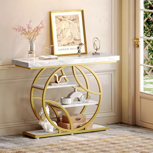 Huuger 41.3 Inch Entryway Table with Marble Top, Modern Console Sofa Table, Accent Table with Shelves, for Entry, Hallway, Entrance, Foyer, O-Shaped Metal Frame, White Marble & Gold - color: Marble Gold, size: 11.8"D x 41.3"W x 31.5"H