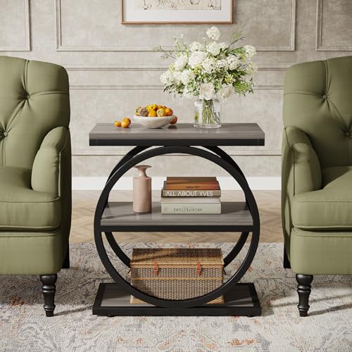 Tribesigns End Table, Narrow End Table with 3 Storage Shelves, Wood Side Table with Black Metal Frames, Industrial Small Sofa Side Table for Living Room, Grey Nightstand and Bedside Table for Bedroom - color: Grey and Black
