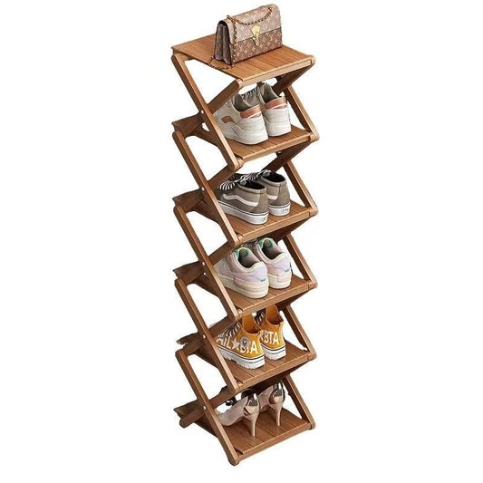 Bamboo Shoe Rack - No Assembly Required, Tall Narrow Foldable Shoe Organizer, Space-Saving Multifunctional Shelf for Entryways, Corners, Bedrooms, Balconies, 6 Layer Brown (Reinforced And Thickened ) - color: Brown, size: 6 Layers