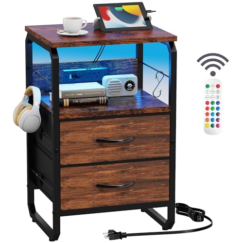 runjuly LED Nightstand, Bedside Table with Storage, End Table with Drawers & Hooks, Small Table with Charging Station, AC Outlets, USB-C Ports, Night Stand Table for Bedroom, Dorm, Rustic Brown - color: Rustic Brown, style: 2 Drawers