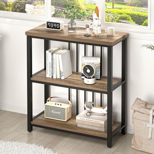 FOLUBAN Small Bookshelf and Bookcase, 3 Tier Open Book Shelf, Modern Metal and Wood Shelving Unit for Living Room Bedroom, Oak - color: Oak, size: 12.6"D x 29.5"W x 32.3"H