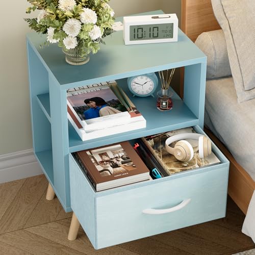 Huhote Kids Nightstand, 2-Tier Night Stand with Charging Station and Drawer, Modern Side Table for Bedroom, Study Room, Small Spaces, Blue - color: Blue, size: 2-Tier with Charging